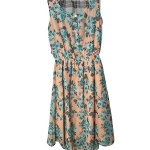 Exhilaration Sun dress Small peach/green w/lace cutouts/back open flannel